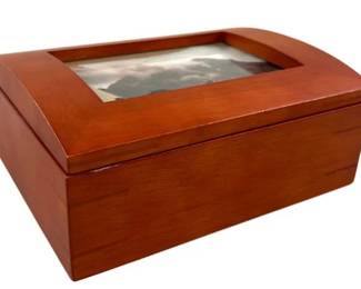 Hinged Wooden Box With Photo Insert Frame On Dome Shaped Lid