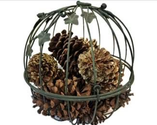 Hinged Iron Hanging Basket Sphere With Interior Pinecones