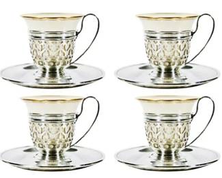 Four Sterling Silver Demitasse Cups - Sterling Cup Sleeves, Matching Saucers & Lenox Porcelain Espresso Liners