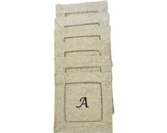 Linen Hemstitched Cocktail Napkins - With Embroidered "A"