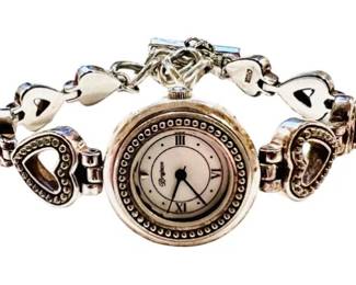 "Brighton" Silver Tone Link Wrist Watch - Toggle Clasp Heart Design, Gift Bag & Tin - Signed "Brighton"