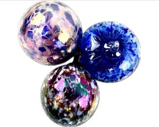 Hand Blown Artisan Glass Christmas Balls - Blue, Raspberry, & Iridescent Hues - Beautiful Set!