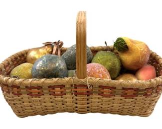Collection Of Glistening Sugared Fruit Ornaments In Woven Split Reed Basket With Handle