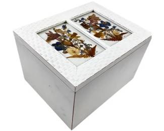 Hinged Wooden Box With Pressed Flower Images On Photo Frame Lid