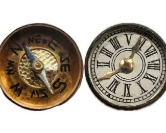 Vintage Miniature Reversible Compass & Clock Face With Moveable Hands - Brass Case With Glass Covering