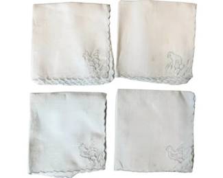 Hand Embroidered Linen Cocktail Napkins With Scalloped Borders & Rooster Design