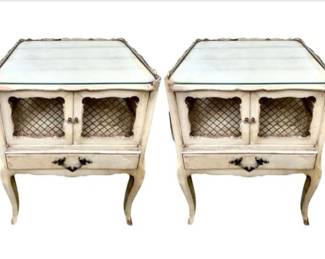 French Provincial Style Gallery Edge End Tables - Cabriole Legs, Grillwork Cupboard, Drawer, Custom Glass Top