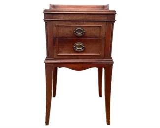 Two Drawer Night Stand With Scalloped Apron, Splayed Feet, Gallery Top, & Brass Pulls