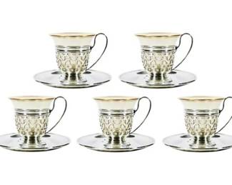 Five Sterling Silver Demitasse Cups - Sterling Cup Sleeves, Matching Saucers & Lenox Porcelain Espresso Liners