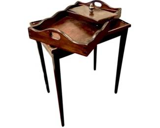 Sheraton Style Scalloped Border Tray Table, Removable Tray, Covered Compartment, Pineapple Finial,