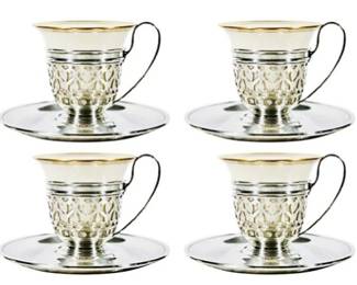 Four Sterling Silver Demitasse Cups - Sterling Cup Sleeves, Matching Saucers & Lenox Porcelain Espresso Liners