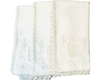 Vintage Hand Embroidered Linen Oversized Dinner Napkins - Point De Venise Detailing