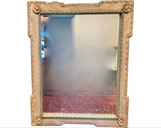 Quality Hand Carved Beveled Glass Mirror - Rosette Corner Detailing & Green Stained Wood Interior Liner