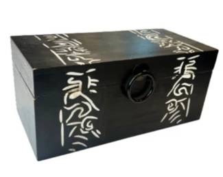Chinoiserie Inspired Wooden Document Box With Hinged Lid