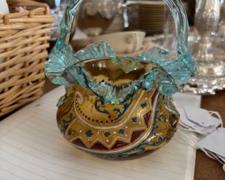 Antique enameled Art Glass basket