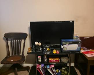 TV & vintage desk chair & miscellaneous 