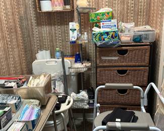 Bathroom - medical supplies, potty chairs (2), 4 drawer woven storage, bamboo cabinet on wall, & pole tree storage item 