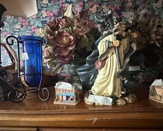 Blue collectible brass & glass item, and more collectibles