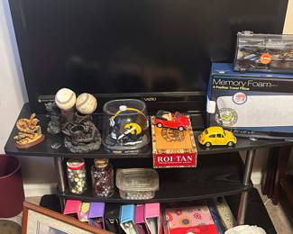 TV, cars, marbles, picture, baseballs on metal stand, more office binders 