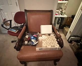 Arm Chair in leather, office supplies, rolling desk chair in back (red)