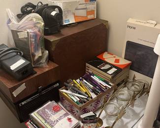 Cabinets for storage, cards, office supplies Santa & snowman, cards, & glass vases 