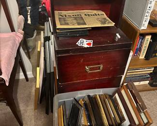 Frames in plastic container, cabinet & more