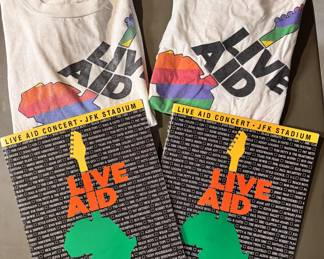 Vintage authentic LIVE AID t-shirts and program booklets