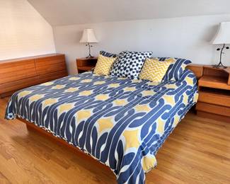 MCM Danish Teak Modern King bed with 2 nightstands. Made in Denmark. Also available is a 6-drawer dresser.