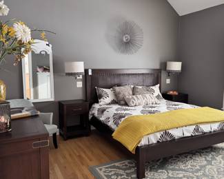 ARHAUS bedroom set. Pictured: King headboard with leather and nail trim,  nightstands and dresser
