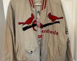 Vintage 1990s Mirage St. Louis Cardinals 1934 World Series Champions MLB Baseball pinstriped bomber jacket.