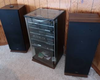 Fisher speakers STv-873  and stereo system, turntable MT857, am-fm tuner FM857, Amplifier CA857, stereo double cassette deck CRW857, compact disk AD857