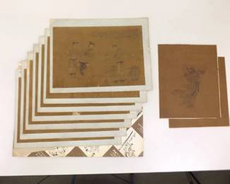 Lot of 9 Antique Asian Silk Pencil Drawings
