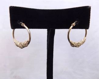 10k Yellow Gold Flower Leaf Hoop Hinged Earrings
