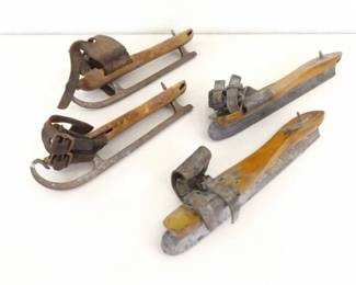 2 Pairs of Antique Wood on Metal Ice Skates
