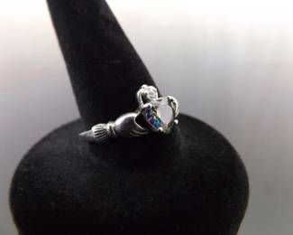 .925 Sterling Silver Mystic Quartz Celtic Claddagh Ring Size 6.75
