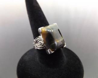 .925 Sterling Silver Tigers Eye Rose Ring Size 4.5
