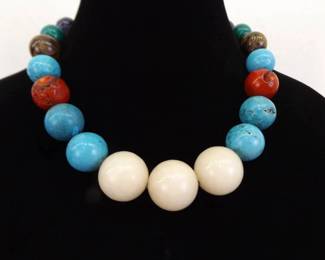 18" Genuine Coral, Turquoise, and other Semi Precious Gemstone Beaded Necklace
