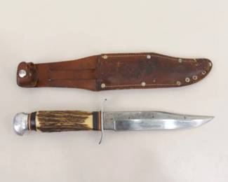 Vintage Sabre Bone Handled Leather Sheathed Fixed Blade Knife
