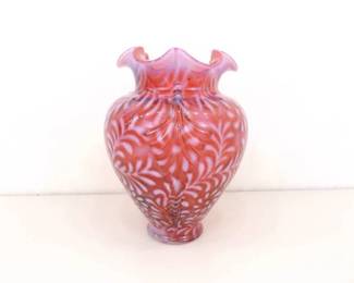 Vintage Fenton Daisy and Fern Cranberry Ruffled Edge Vase
