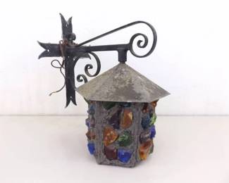 Vintage Mid Century Peter Marsh Wrought Iron and Rock Glass Enrty Lamp
