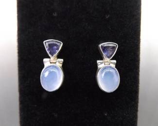 .925 Sterling Silver Moonstone and Amethyst Hinged Post Earrings
