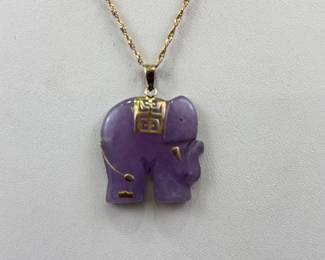 14k Yellow Gold Purple Jade Elephant Pendant Necklace
