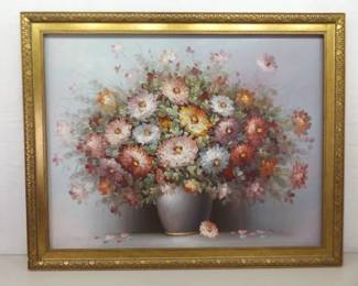 Wood Framed 50" x 39.5" Listed Artist Robert Helman Oil on Canvas Flower Painting
