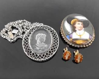 Antique Hand Painted Mini Portrait Brooch and Cameo Collection
