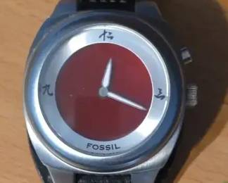 Fossil Big Tic Dragon Mens Watch With Red Dial And Black Leather Band