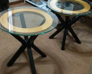Pair of Round GlassTop End Tables with Black Metal Base Modern Matching Set
