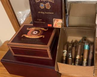 Cherry Veneer Desk Humidor With Wooden Cigar Box Plus Nondescript Cardboard Box