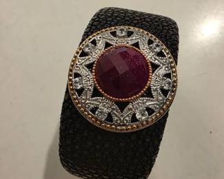 Shagreen Sterling Bracelet Red Stone