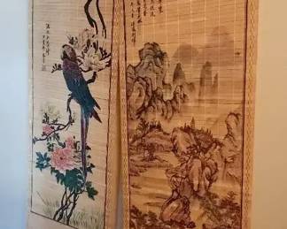 Chinese Or Japanese Bamboo Scroll Parrot And Landscape