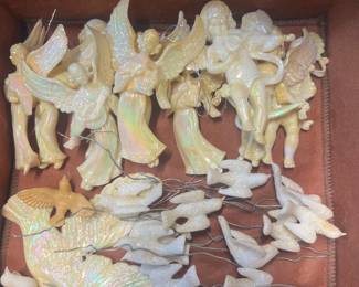 Collection of rare 1950s opalescent plastic angels and flocked doves